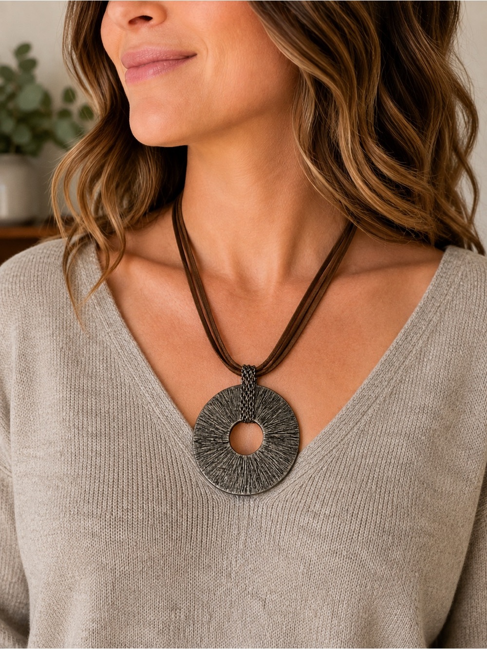 Reversible Textured Circle Pendant Necklace | Brown Multi-Strand Cord | Gunmetal - Picture 7 of 13